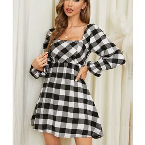 Judith March Women's Size S Black White Plaid Square Neck Mini Dress Long Sleeve